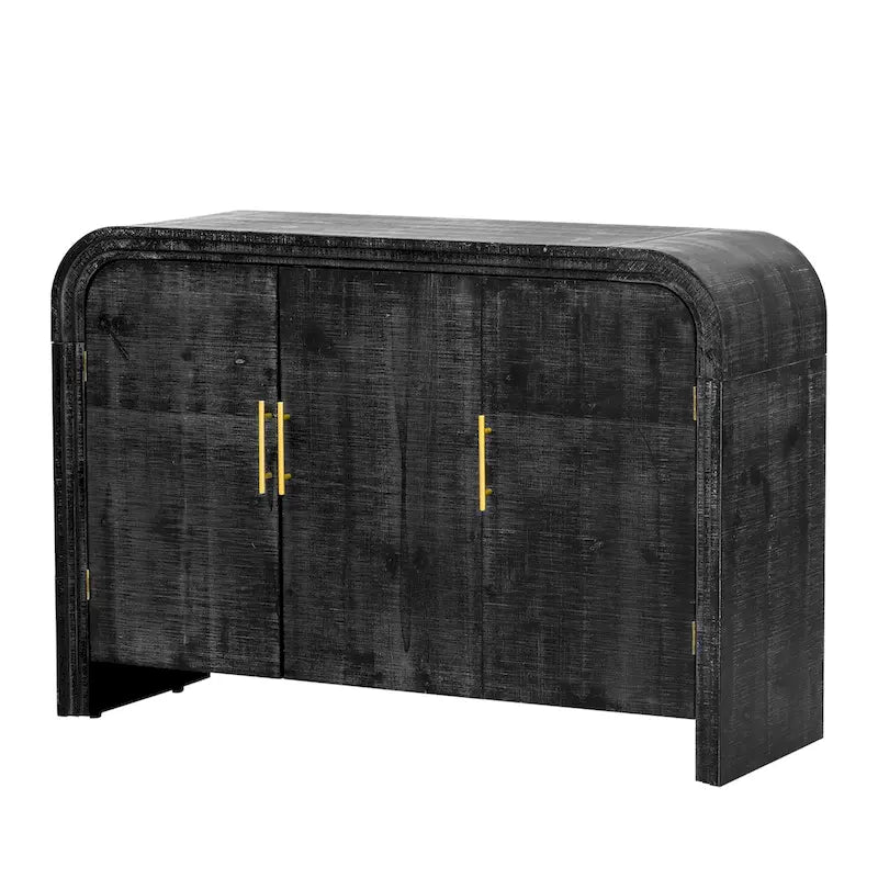 Enfilade Courbe – Finition Bois Naturel / Noir Antique, Poignées Dorées, 2 Portes
